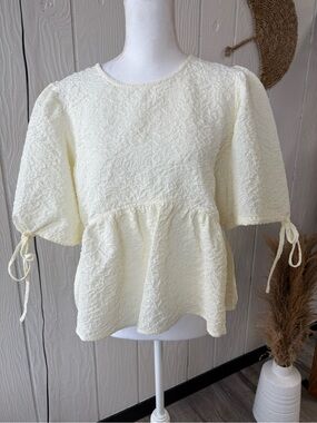 Cream Textured Peplum Tie-Sleeve Blouse - NWOT